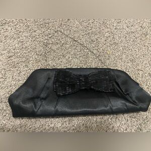 New Vintage Black Satin Snap Clutch Beaded Bow Chain Strap Purse Expressions NYC